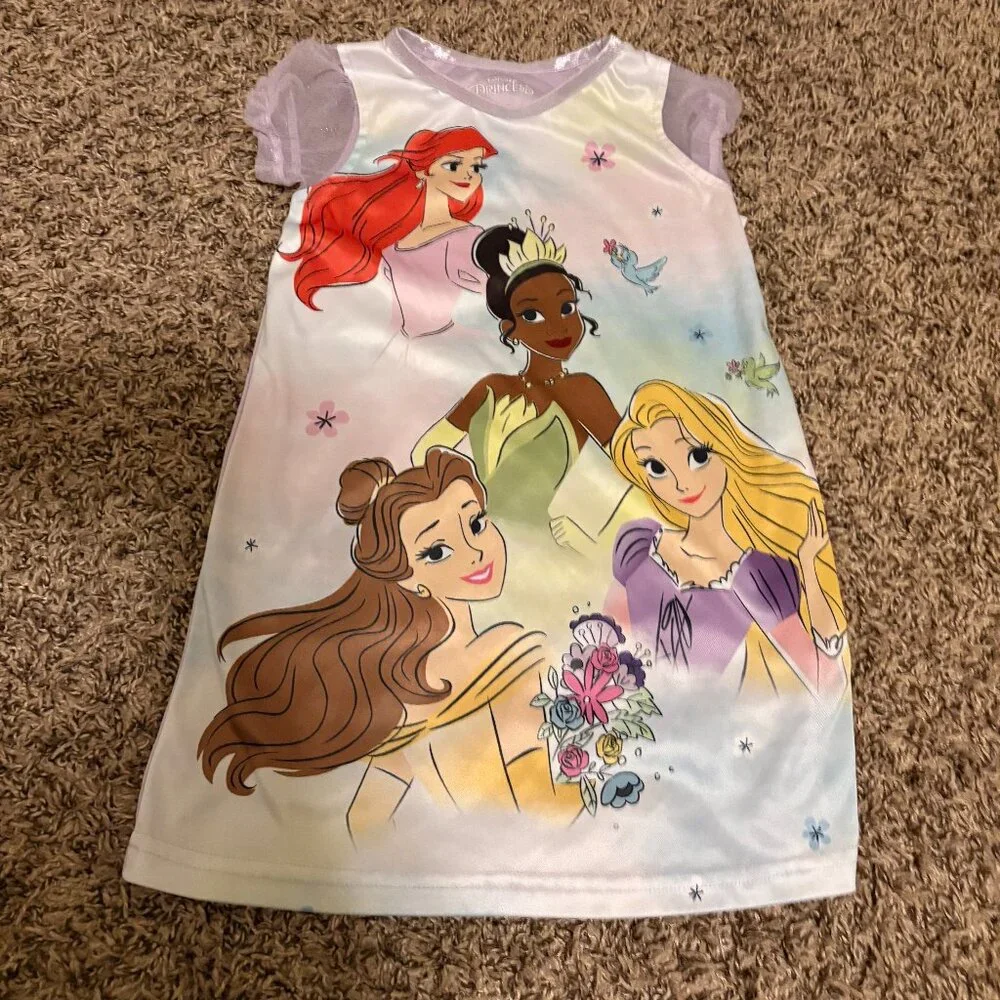 Disney Princess Nightgown 4 Purple Ariel Rapunzel Tiana Belle Tulle Short Sleeve - Picture 1 of 3